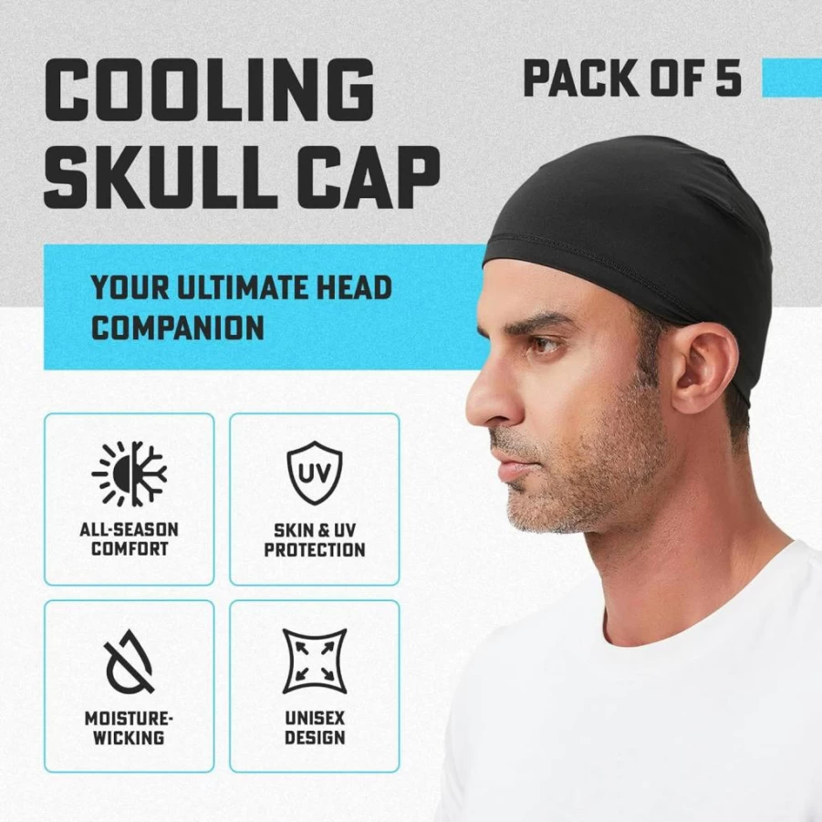 PRIMERIVER Cooling Skull Cap - Moisture-Wicking Helmet Liner for Men & Women, Running, Cycling, Hard Hat Liner, Breathable & Lightweight, 5-Pack