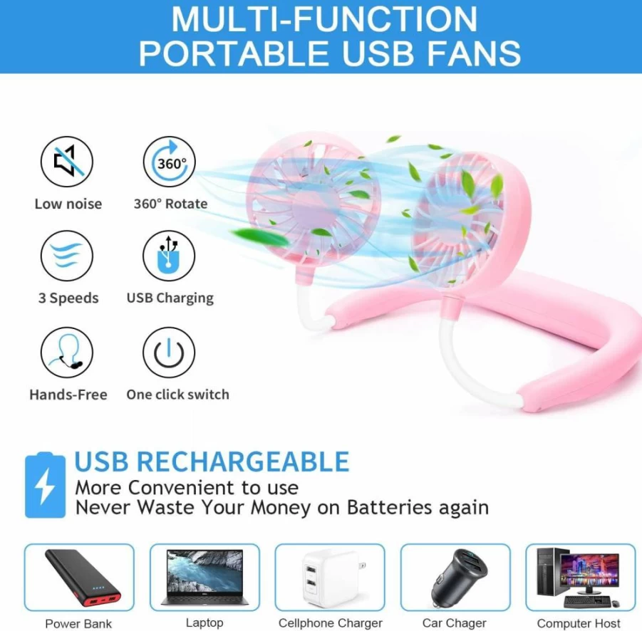 RJVW Portable Neck Fan - USB Rechargeable 3-Speed Wearable Cooling Fan with 360° Rotation for Travel, Sports, Office, and Reading