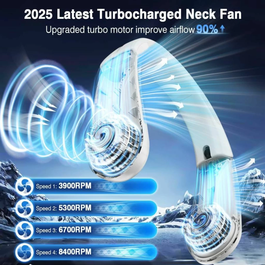 Aimdty Portable Neck Fan - 5200mAh Rechargeable Wearable Fan with 8400 RPM Turbo Airflow, 4 Speeds, 16H Runtime, Foldable Design, LED Display - Cooling Fan for Men & Women - 2nd Gen Black